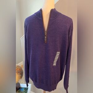 NWT ORVIS Men’s Sweater 100% Merino Wool 1/4 Logo Zip Pullover w Leather Trim